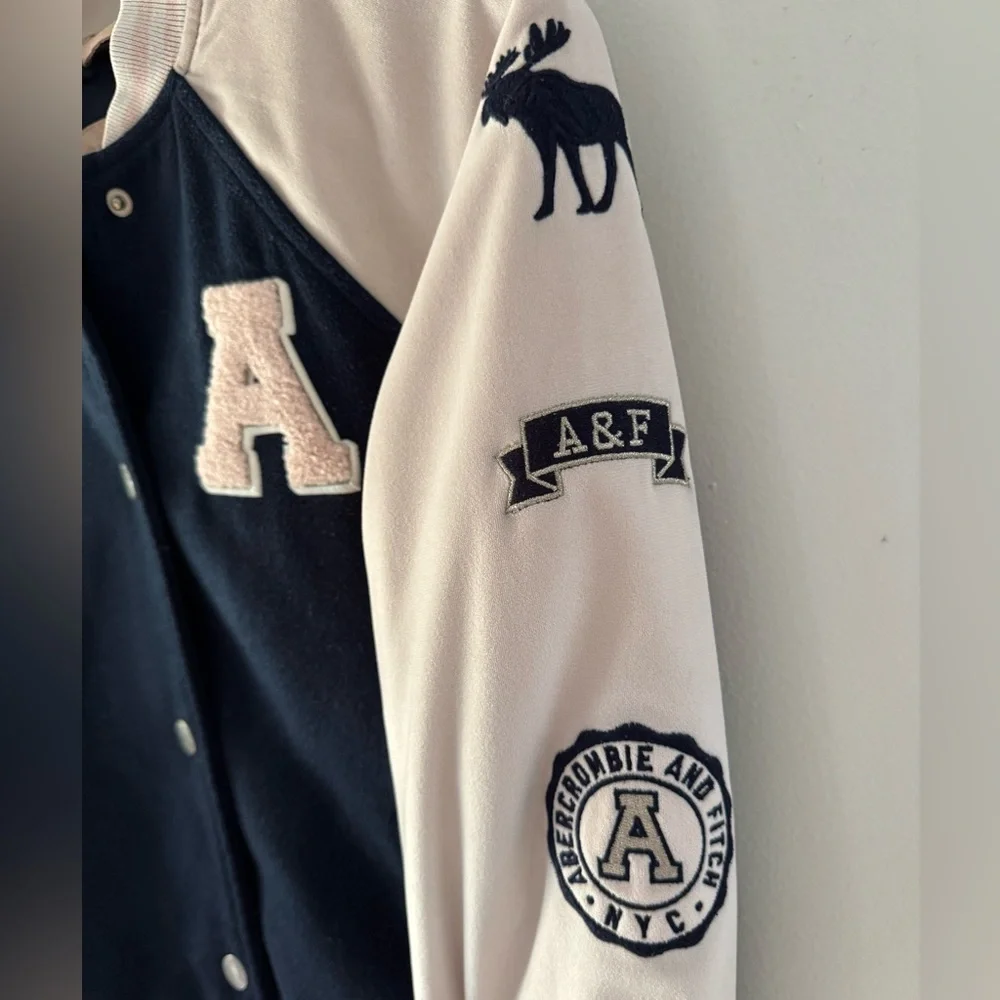 Abercrombie Kids Snap Front‎ Letterman Varsity Jacket Navy Blue Pink sz 11/12
